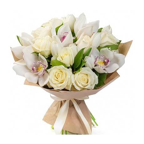 Wedding bouquet of roses and orchids, lilac and white 